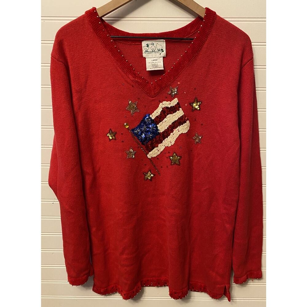 Quacker Factory Patriotic American Flag Sweater Women’s L Sequins Stars Red